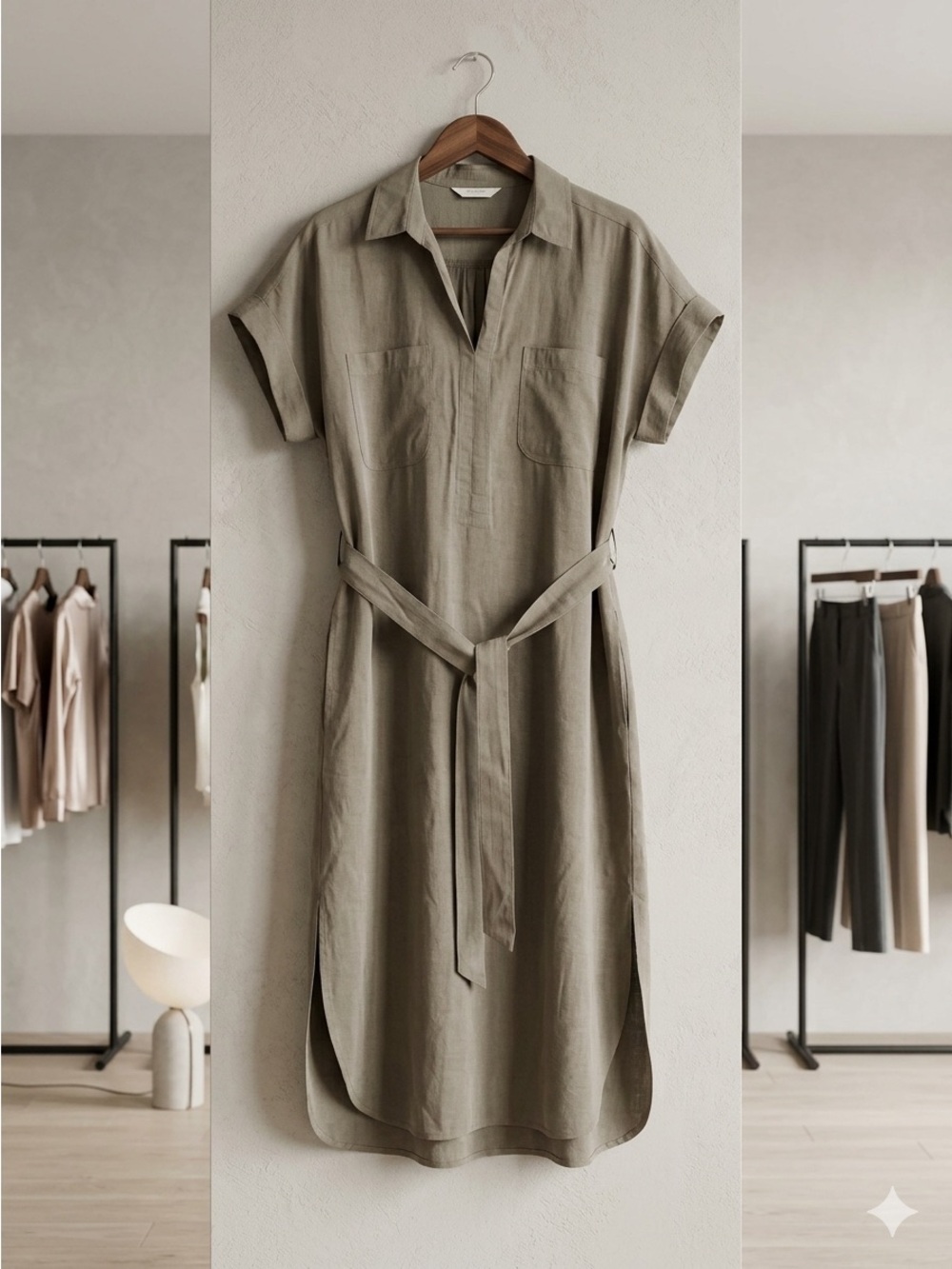 Max Studio Olive Utility Midi Shirt Dress with Tie Waist